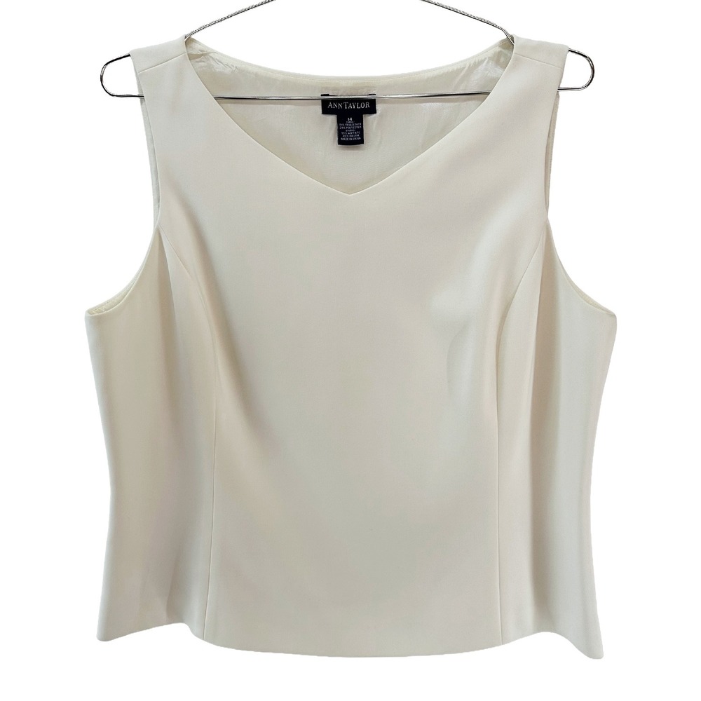 ANN TAYLOR Minimalist V-neck Shell Tank Top • 14 • white • office,‎ professional